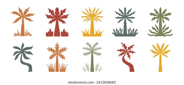 Boho design template, summer palms, tropical art hand drawn palm trees , vacation or travel icon concept, hippie retro elements. Vector illustration