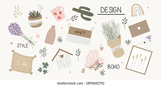 
Boho design. Vector illustration in a flat style. Cactus, cup, lavender, rainbow, succulent, heart, envelope, flower, birdhouse. Spring set of elements for creating postcards, brochures, advertising
