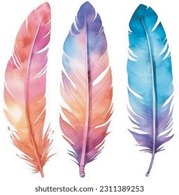 Colorful detailed bird feathers, watercolor design set. Hand drawn editable  elements, realistic style, vector illustration. Ethnic Colored feathers,  seamless background,sketched collection. Stock Vector