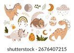 Boho dinosaur clipart set, celestial moon, stars, rainbow, dino eggs and plants. Bohemian vector illustration