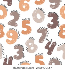 Boho dinosaur numbers seamless pattern. Cute cartoon figures in the style of dino on a white background. Vector illustration for children