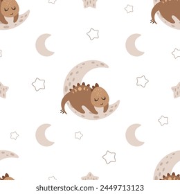 Boho dinosaur seamless pattern in cartoon flat style. Dino digital paper perfect for scrapbook paper, prints, background, fabric. Hand drawn vector pattern