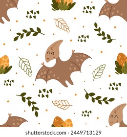 Boho dinosaur seamless pattern in cartoon flat style. Dino digital paper perfect for scrapbook paper, prints, background, fabric. Hand drawn vector pattern