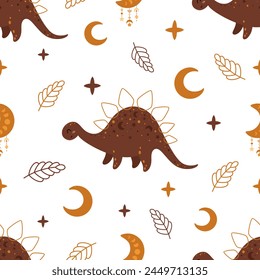 Boho dinosaur seamless pattern in cartoon flat style. Dino digital paper perfect for scrapbook paper, prints, background, fabric. Hand drawn vector pattern