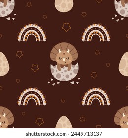 Patrón sin fisuras de dinosaurio boho en estilo plano de dibujos animados. Papel digital Dino perfecto para papel de scrapbook, impresiones, fondo, tela. Patrón de Vector dibujado a mano
