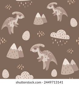 Boho dinosaur seamless pattern in cartoon flat style. Dino digital paper perfect for scrapbook paper, prints, background, fabric. Hand drawn vector pattern