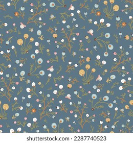 Boho ditsy fantasy flowers seamless pattern, folk floral texture neutral colors