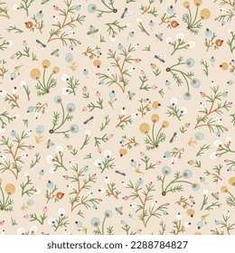 Boho ditsy fantasy flowers seamless pattern, folk floral texture neutral colors