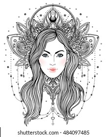 Boho Diva. Beautiful Caucasian divine girl with ornate crown, Tribal Fusion inspired. Adult anti-stress coloring book page. Bohemian goddess. Hand drawn beautiful linework elegant illustration