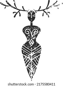 Boho doodle antlered mother god idol, black-white illustration with ethnic ornamental texture. Tribal art of archaic female fetish. Design element for t-shirt, wall art, print. 