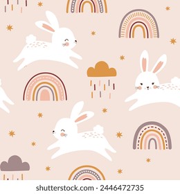 Boho doodle bunny animal seamless pattern. Cute spring easter rabbit and rainbow pattern design. Vector illustration.