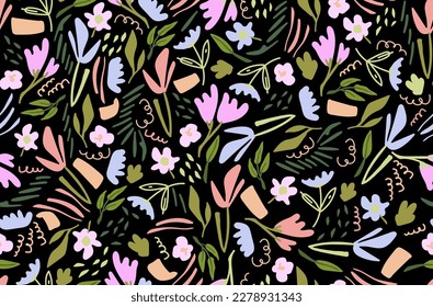 Boho doodle card with seamless pattern doodle flowers. Seamless floral backdrop. Vector background.