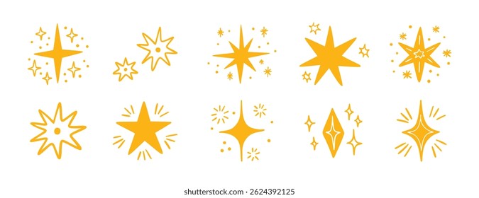 Boho doodle cute hand drawn yellow star set. Star element gold magic symbol decoration collection. Vector illustration