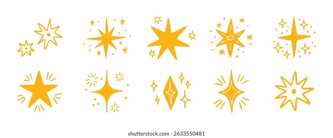 Boho doodle cute hand drawn yellow star set. Star element gold magic symbol decoration collection. Vector illustration