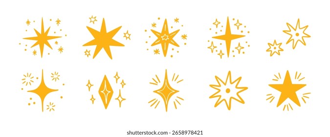 Boho doodle cute hand drawn yellow star set. Star element gold magic symbol decoration collection. Vector illustration