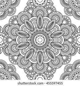 Boho doodle hand drawn seamless pattern, coloring pages for adults. Vector illustration