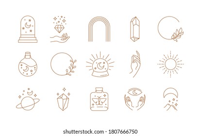 Boho Doodle Linear Set. Magic Mystic Hand Drawn Simple Logo Icons With Crystal Eye Sun Moon. Abstract Vector Illustration.