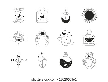 Boho Doodle Magic Set. Mystic Simple Hand Drawn Logo Icons With Snake Crystal Eye Sun Lotus Moon. Abstract Vector Illustration.