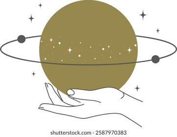 Boho doodle mystic hands. Hand drawn esoteric icon, simple heavenly logo element with saturn planet