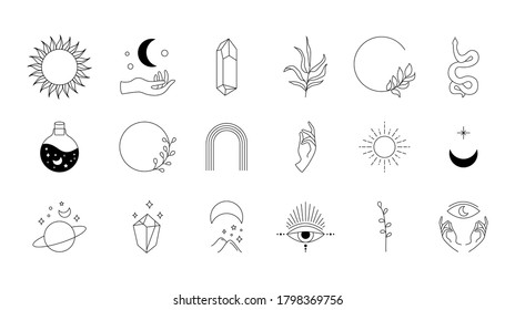 Boho Doodle Mystic Set. Magic Hand Drawn Simple Logo Icons With Snake Crystal Eye Sun Moon. Abstract Vector Illustration.