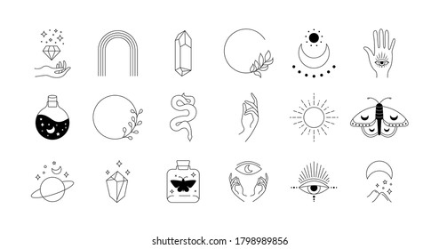 Boho Doodle Mystic Set. Magic Simple Hand Drawn Logo Icons With Snake Crystal Eye Sun Moon. Abstract Vector Illustration.