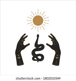 Plantilla mística del doodle Boho. Mano dibujó manos esotéricas mágicas con serpiente y sol, diseño de logo femenino simple. Ilustración vectorial.