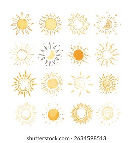 Boho Doodle Sun Vector Collection with Abstract Radiant Sun Shapes for Summer Decor