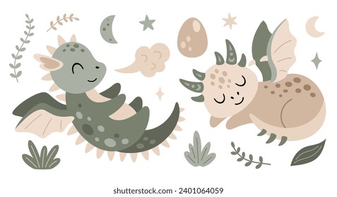 Boho dragon clipart in cartoon flat style. Year of the dragon. Fantasy clipart. Vector illustration