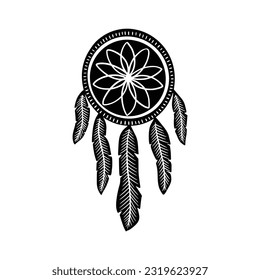 Boho Dream Catcher Tribal Symbol. Mystic Hand Drawn Dreamcatcher in Linocut Style. Celestial Magic Icon Vector Illustration Isolated on White Background. Sactred Totem Clipart for Logo, Poster, Print.