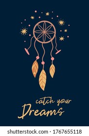 Boho dreamcatcher Captura tu tarjeta de sueños Cute niños boho afiche en oscuro, huella de bebé elemento Vector