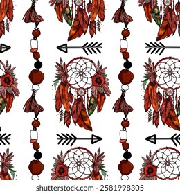 Boho Dreamcatcher and Feather Patterns with Floral Accents. Seamless Bohemian Designs Featuring. Dreamcatchers and Arrows
Rustic Floral and Feather Dreamcatcher Pattern Set