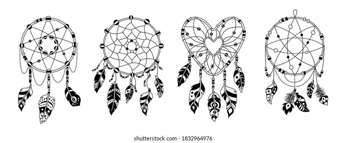 Boho dreamcatcher with feathers. Black glyph cartoon set. Native American Indian design. Ethnic bohemian style, hipster symbols. Bird feathers, talisman sweet dream hand drawn. Vector illustration