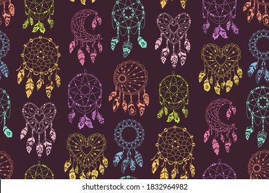Boho dreamcatcher with feathers seamless pattern. Ethnic design,  boho chic textile design. hand drawn sweet dream talisman. Native American Indian design. Ethnic bohemian vector dark background