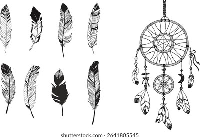 Boho Dreamcatcher and Hand Drawn Feathers Set — Tribal Magic Symbols