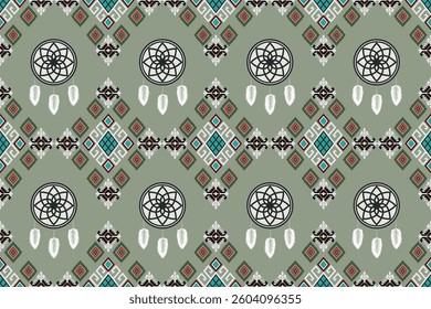 Boho Dreamcatcher Seamless Pattern with Tribal Symbols Native Inspired Geometric Print with Feather Motifs Mystical Ethnic Textile Featuring Dream Catchers Cultural Seamless Background in Sage Green 