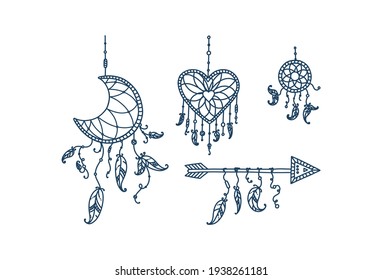 Boho dreamcatchers with feathers and arrow. Doodle set of dreamcatchers in shape of crescent moon, heart and circle. Vector illustration in doodle style
