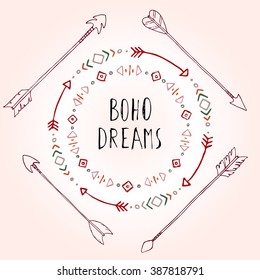 Boho dreams hand drawn decorated apache illustration with arrows.