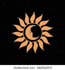 Boho dreamy moon sun symbols. Abstract hand drawn mystic celestial logo, magic esoteric solar sign. Vector illustration.