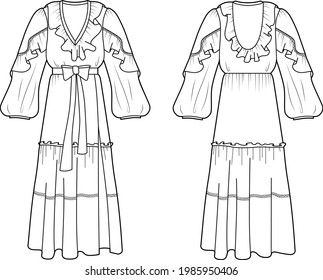 Boho Dress Flat Sketch with ethnic motives