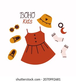 Сute boho dress with socks, glasses and shoes. Lettering Boho kids. Vector flat illustration.