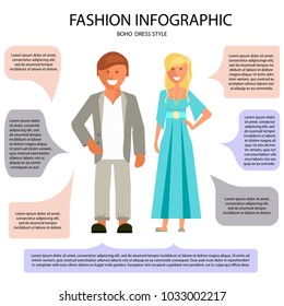 Boho dress style infographic. Man and woman isolated on white background with speech bubbles. Vector illustration of people in informal clothes.
