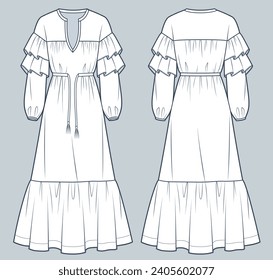 Boho Dress technical fashion Illustration. Ruffle Dress fashion flat technical drawing template, v-neck, maxi length, balloon sleeve, tiered, front and back view, white, women's Dress CAD mockup.