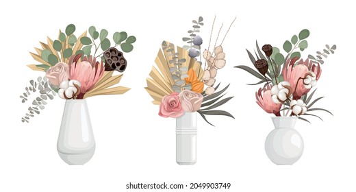 Boho Dried Vase Set Of Four Vases With Flowers Bunch With Isolated Plants And Clean Surface Vector Illustration