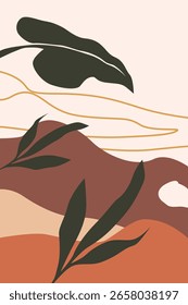 Boho Earth Tone Nature Wall Art. Arte minimalista de parede boho com folhas, colinas e tons de terra.