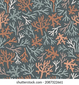 Boho earthy colours sea corals vector seamless pattern. Underwater world coral reef background. Scandinavian decorative childish surface design for nautical nursery and navy kids fabric.