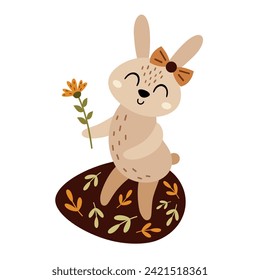 Boho Easter bunny clipart. Happy Easter clip art in cartoon flat style, perfect for scrapbooking, stickers, tags, greeting cards, party invitations, decor. Vector illustration.