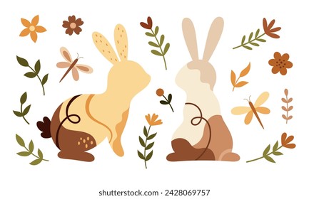 Boho Easter bunny clipart. Happy Easter clip art in flat style, perfect for scrapbooking, stickers, tags, greeting cards, party invitations, decor. Hand drawn vector illustration.