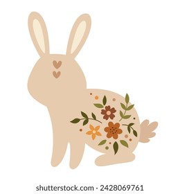 Conejito de Pascua Boho clipart. Clip art de Pascua feliz en estilo plano, perfecto para scrapbooking, pegatinas, etiquetas, tarjetas de felicitación, invitaciones de fiesta, decoración. Dibujado a mano ilustración vectorial.