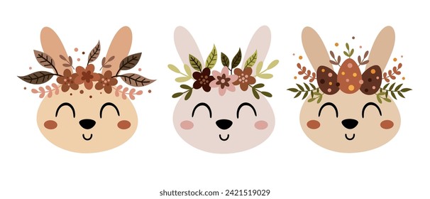 Boho Easter bunny face clipart. Happy Easter clip art in cartoon flat style, perfect for scrapbooking, stickers, tags, greeting cards, party invitations, decor. Vector illustration.