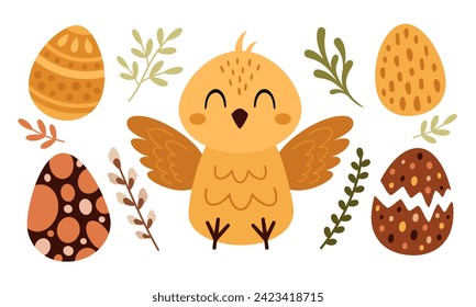 Boho Easter chicken clipart. Easter chick and easter eggs clipart in cartoon flat style. Hand drawn vector illustration